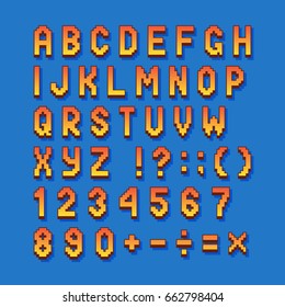 Pixel retro font computer games, videos, web sites. 8 bit letters, numbers and symbols.