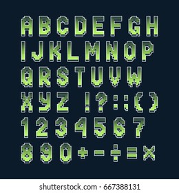 Pixel retro font computer games, videos, web sites. 8 bit letters, numbers and symbols.