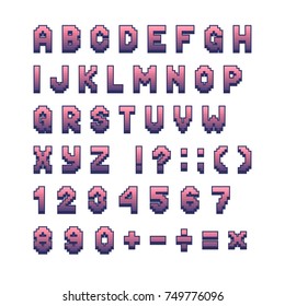 Pixel retro font computer games, videos, web sites. 8 bit letters, numbers and symbols.