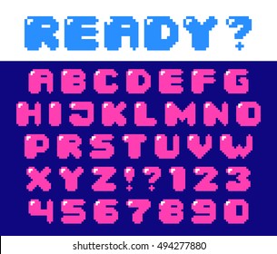 Pixel retro font with hotspot Video computer game design 8 bit letters and numbers Electronic futuristic style Vector abc