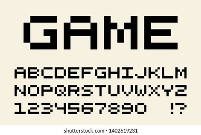 Pixel retro font Video computer game design 8 bit letters and numbers Vector alphabet