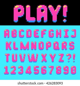 Pixel retro font Video computer game design 8 bit letters and numbers Electronic futuristic style Vector abc