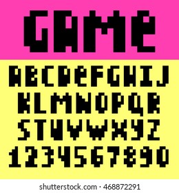 Pixel retro font Video computer game design 8 bit letters and numbers Electronic futuristic style Vector abc