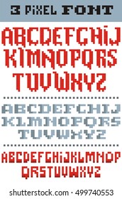 Pixel retro font video computer game design 8 bit. Set of three pack a different cute letters of latin alphabet for design in old school style. Vector illustration.