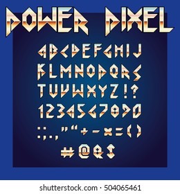 Pixel retro font in a video computer game stile. Vector set of alphabet, numbers and symbols.