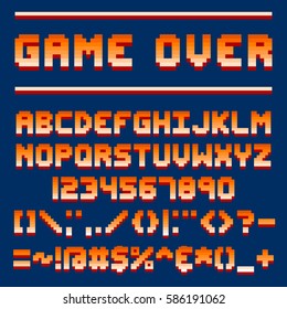 Pixel retro font video computer game design 8 bit letters and numbers electronic futuristic style and vector abc typeface digital creative alphabet.