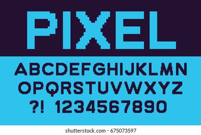 Pixel retro font Video computer game design 8 bit letters and numbers Electronic futuristic style Vector abc