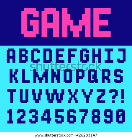 Pixel retro font Video computer game design 8 bit letters and numbers Electronic futuristic style Vector abc