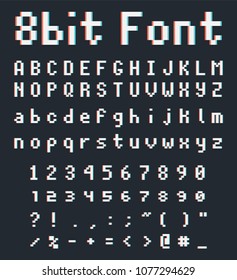 pixel retro font, videogame type, 8-bit alphabet letters and numbers