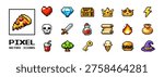 Pixel retro game icons set with arcade items and highlighted pizza videogame element