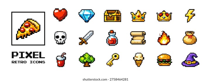 Pixel retro game icons set with arcade items and highlighted pizza videogame element
