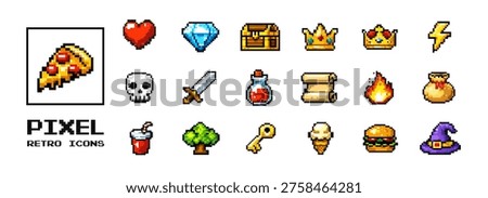 Pixel retro game icons set with arcade items and highlighted pizza videogame element