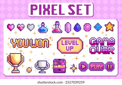 Pixel retro game interface elements. Heart, potion, gem, trophy, coin, star, chest, text buttons. 8 bit Video-game pixel magic items. Pixel game buttons in 80s - 90s style. Vector illustration.