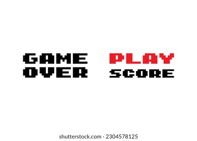 Pixel retro game over, play and score illustration, 3d alphabet.