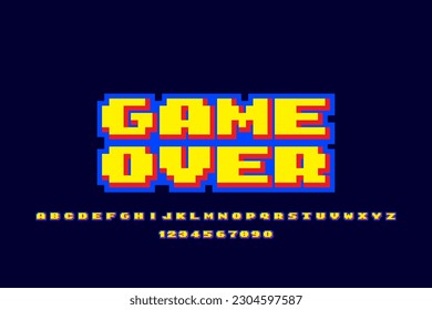 Pixel retro game over, play and score illustration, 3d alphabet, numbers.