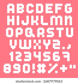 Pixel retro game style of letter font alphabet number in white color