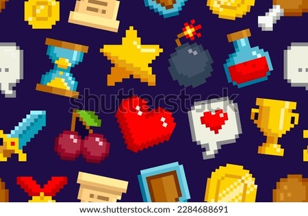 Pixel Retro Game vector seamless pattern. Geek icons in vintage 8 bit video game style. 80s -90s. Pixel gold star, heart, bomb, cherry, love etc. Geek style purple backgroud for wallpaper design
