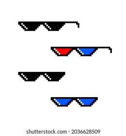 Pixel retro glasses. Black sunglasses in 8 bit like boss. Isolated on white background. Vector illustration, eps 10.
