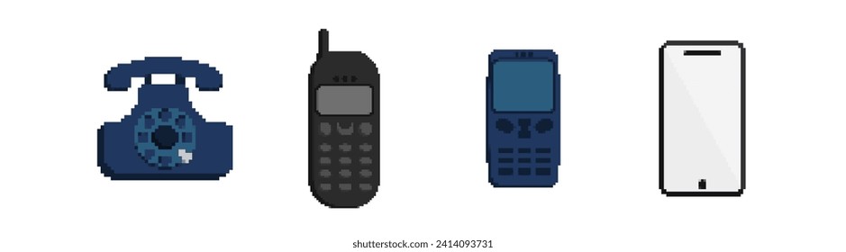 Pixel retro and modern phones set. Evolution of communication devices from disk with handset to push button and internet smartphones for gaming techno vector design