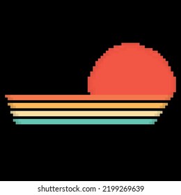 Fondo de puesta de sol retro de Pixel. Activos de juego de 8 bits. Ilustración vectorial.