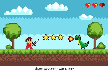 Pixel retro style of 8bit game mode character arcade vector. Man with sword fighting against dangerous dragon spitting fire, fight battle, lives status