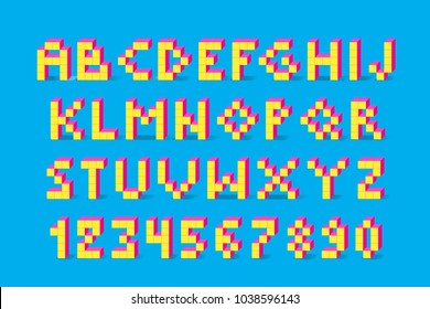 Pixel retro video game font. 80's retro alphabet font. 8 bit letters and numbers typeface. 