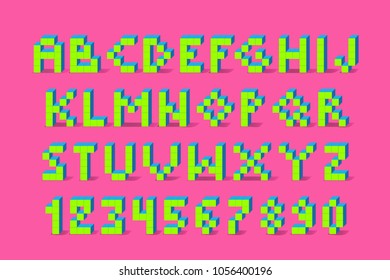 Pixel retro video game font. 80's retro alphabet font. 8 bit letters and numbers typeface. Pink and green