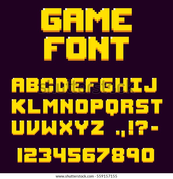 Pixel retro video game font. 8 bit letters and\
numbers typeface.
