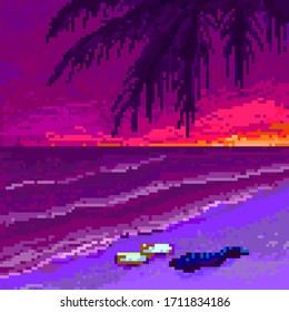 Pixel retro wave sunset with palm tree and ocean. Vector illustration 