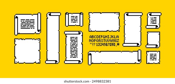 Pixel ribbons and scrolls in retro game style. Ancient manuscripts, blank parchment banners. Retro video game assets. Editable pixel vector	