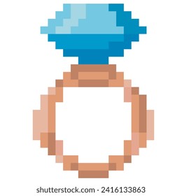 Pixel ring. Pixel vector jewelry with gems in 8-bit game style for Valentine's Day. decorations