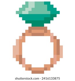 Pixel ring. Pixel vector jewelry with gems in 8-bit game style for Valentine's Day. decorations