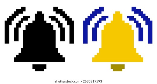 Pixel ringing bell icon vector for notification alert, sound, and message signal. Ideal for retro app interfaces, reminders, or vintage UI pixel design.