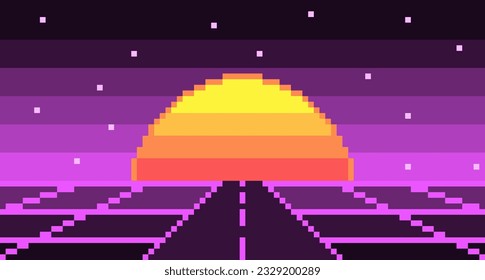 Pixel road synthwave landscape with sun and stars background. Neon highway 8bit blank purple 80s grid with cyberpunk striped luminary. Electronic violet glow in 90s vector style