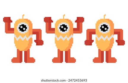 pixel robot with 3 different styles on white background