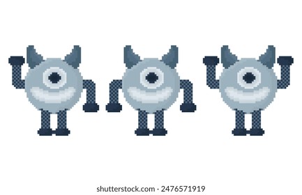 pixel robot with 3 different styles with a cheerful face on a white background
