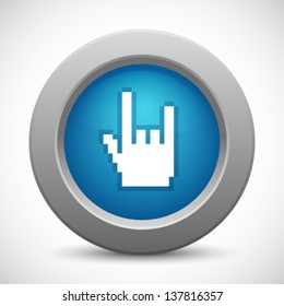 Pixel rock hand button, vector illustration  