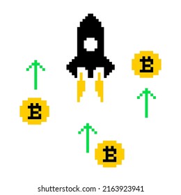 Cohetes de píxeles con flechas hacia arriba y monedas de bitcoin. Ilustración del crecimiento de criptodivisa de bitcoin