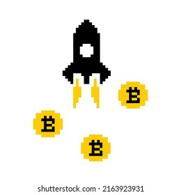 Pixelrakete mit und Bitcoins. Illustration des Wachstums von Bitcoin-Kryptowährungen