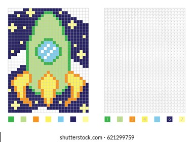 Pixel rocket in the coloring page with numbered squares, vector illustration
