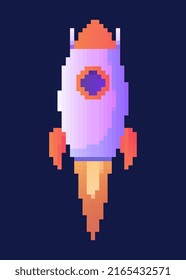 Pixel Rocket Concept. Exploration Of Space, Galaxy And Universe. Astrology And Astronomy, Retro Style Sticker, Interface For Games And Applications, Innovation. Cartoon Flat Vector Illustration