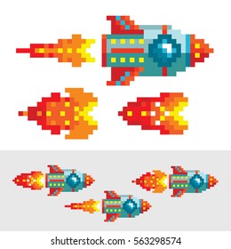 Pixel rocket with flame. Different phases of pixel flame for animation. Old school arcade game design. Video game retro style. Space level.
