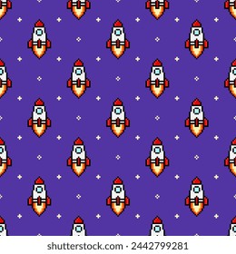 Pixel Rocket in Space with Stars Seamless Pattern vector illustration