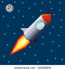 Pixel rocket in space. Vector illustration.
