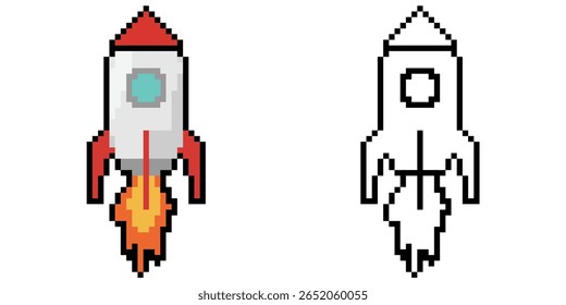Pixel rocket space vector, launching into adventure with an 8-bit aesthetic. Ideal for gaming, space exploration, or retro sci-fi themes.