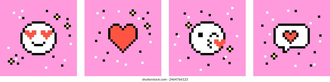 Pixel romantic emoji set. Love, heart, kiss icons. Pixels Y2k trendy playful stickers. 8bit retro elements in the mood of 90's aesthetics. For social media, postcard, flyer. Pink. Vector illustration