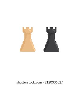 Pixel  Rook icon vector chess. Chessmen figure pixel art pieces. 