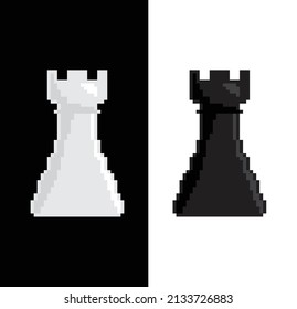 Pixel  Rook icon vector chess. Chessmen figure pixel art pieces. 