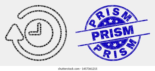 Pixel rotate clockwise mosaic pictogram and Prism seal stamp. Blue vector round textured seal stamp with Prism caption. Vector collage in flat style.
