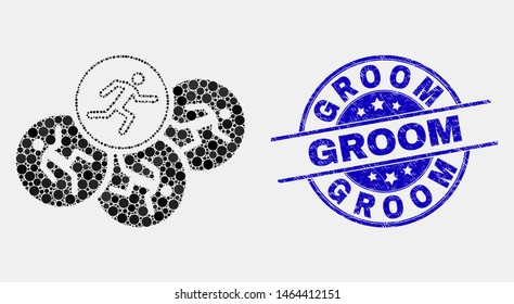 Pixel running persons mosaic icon and Groom seal. Blue vector rounded textured seal stamp with Groom phrase. Vector collage in flat style. Black isolated running persons mosaic of random dots,
